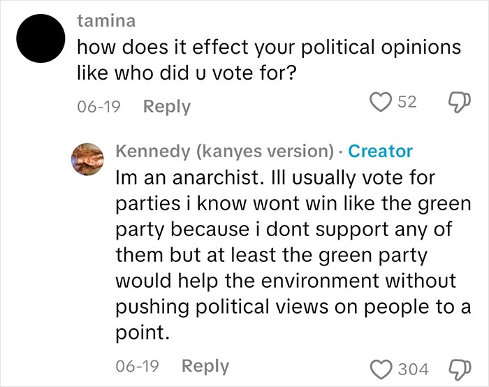 Comment conversation showing a sociopath answering questions about political opinions and voting impact.