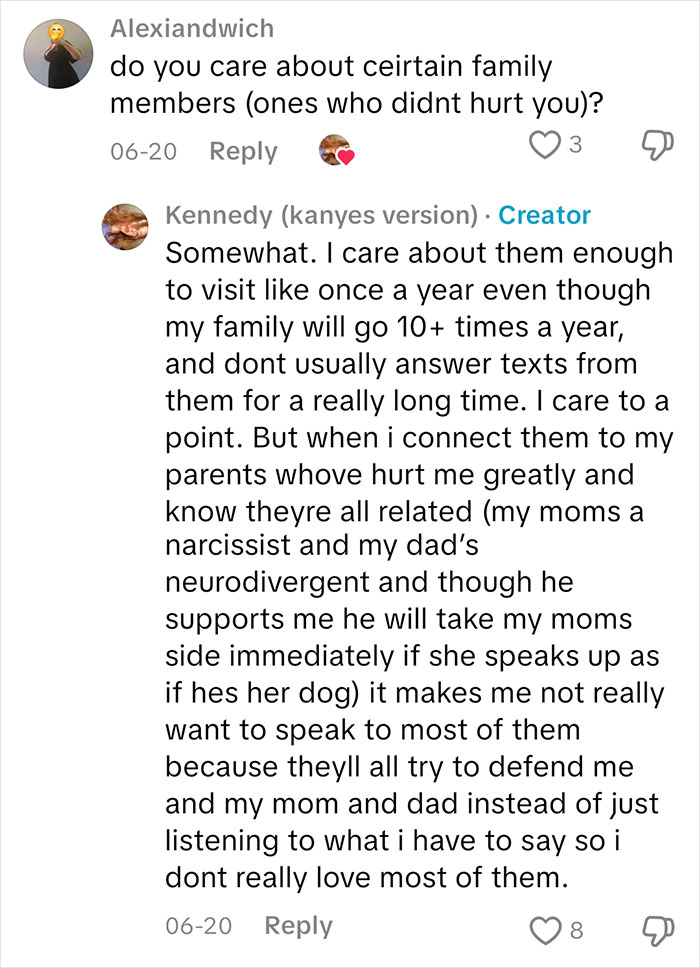 Comment exchange showing a sociopath answering questions about feelings toward family members with nuanced emotional insight.