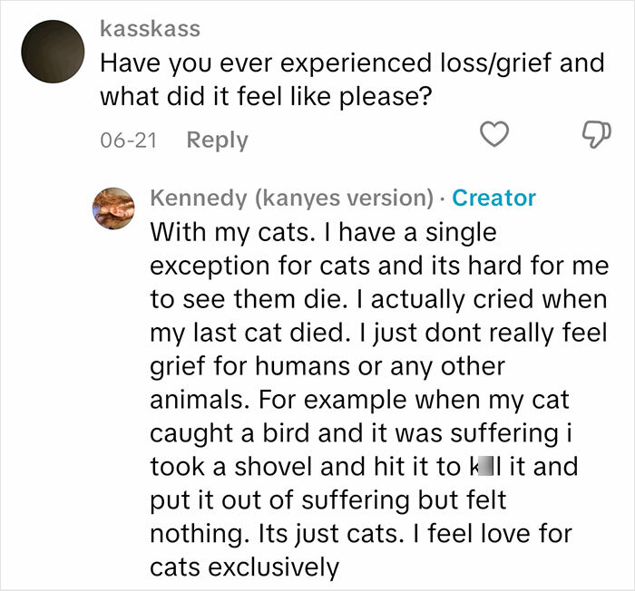 Screenshot of a sociopath answering questions about feelings, describing grief and emotional experience with cats only.