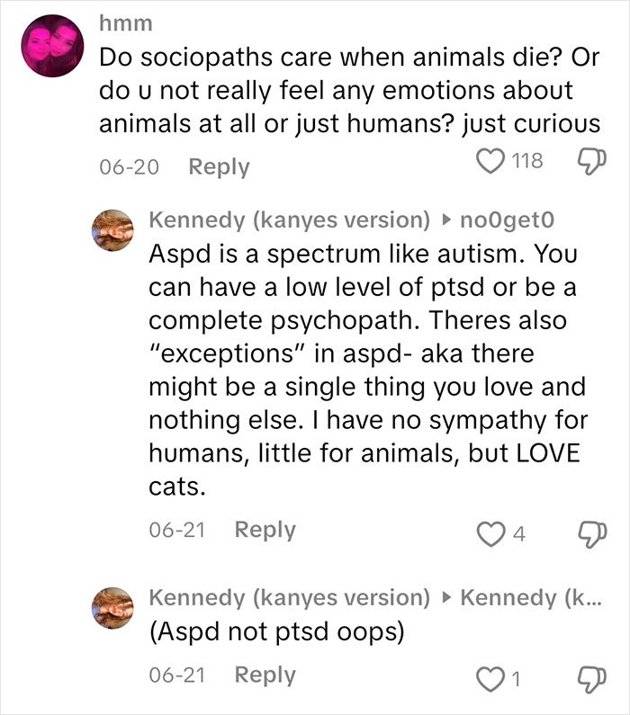Comments discussing sociopath feelings and emotions towards animals and humans in an online Q&A about sociopath traits.