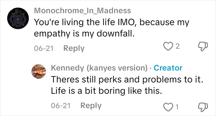 Screenshot of online comments where users discuss empathy and emotions in sociopath answers to people's questions about feeling.