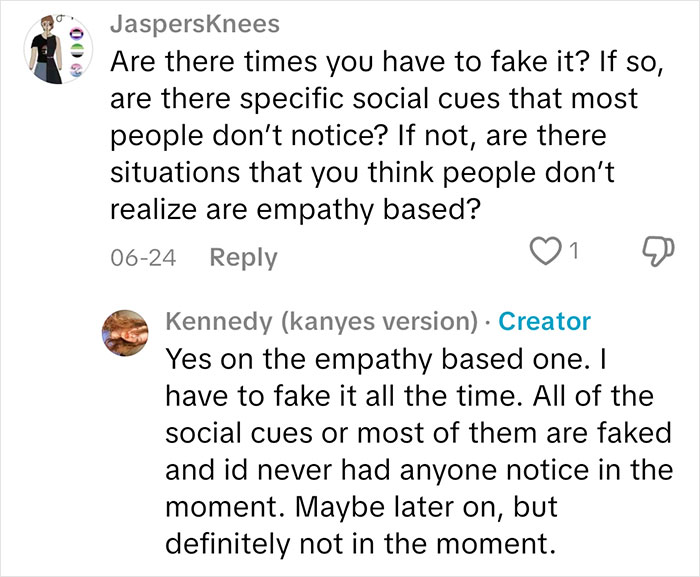 User asks about faking empathy and social cues, sociopath replies they fake empathy and social cues often without others noticing.