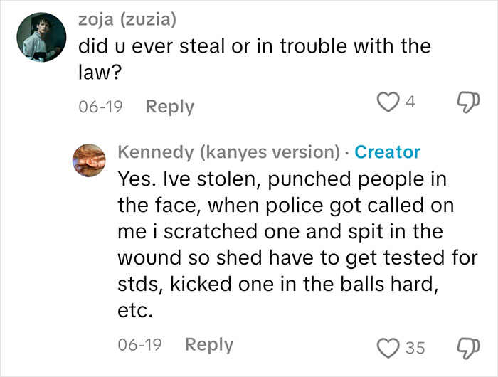 Comment exchange showing a sociopath admitting to stealing and violent behavior in response to a question about trouble with the law.