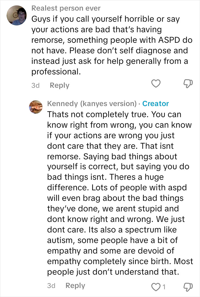Comment exchange discussing sociopath traits and empathy differences in people with ASPD, answering questions about feelings and remorse.