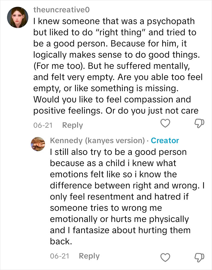 Conversation about sociopath emotions discussing feeling empty, compassion, resentment, and hatred in response to others' actions.