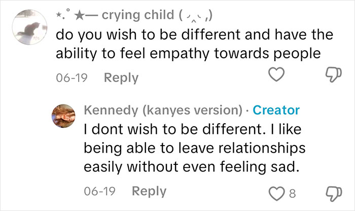Screenshot of a social media exchange showing a sociopath answering questions about feeling empathy and emotions.