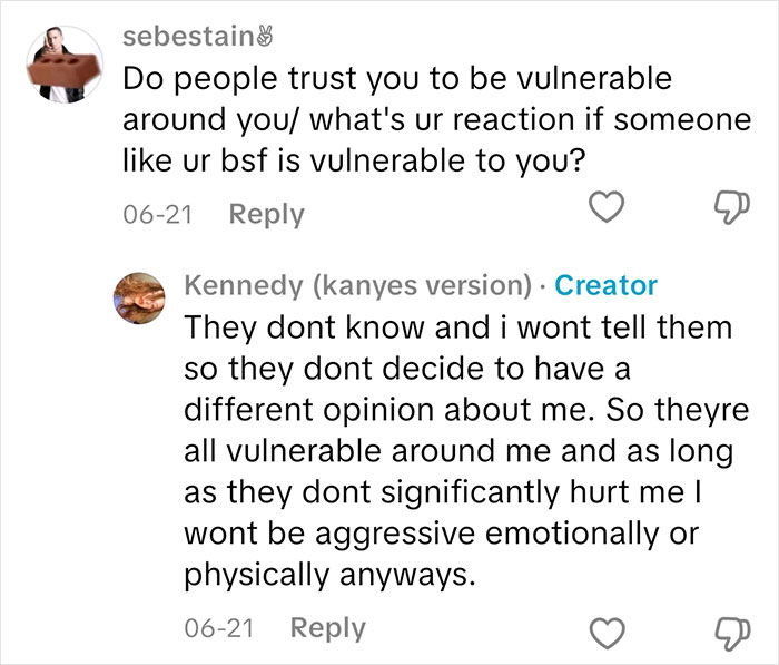 Comment exchange showing sociopath answering questions about emotional vulnerability and reactions to others’ feelings online.