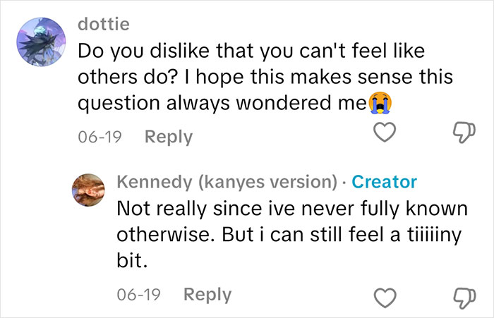 Conversation screenshot showing a sociopath answering questions about whether they feel emotions or not.