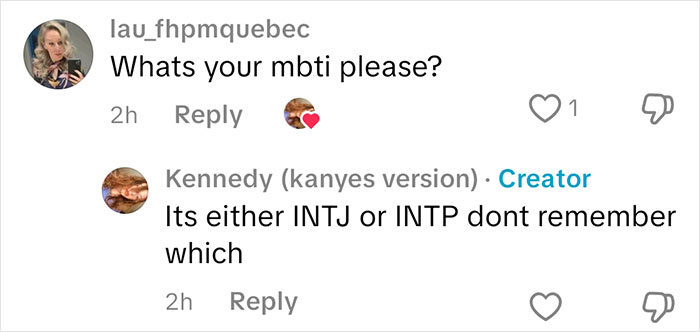 Comment exchange about MBTI types, featuring sociopath answering questions about feelings in a casual online chat.