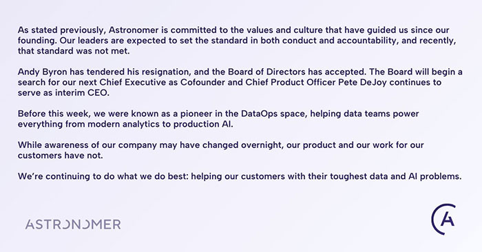 Resignation statement from Astronomer announcing viral HR executive quits job after marriage to wealthy heir was revealed. Resignation statement from Astronomer announcing viral HR executive quits job after marriage to wealthy heir was revealed.