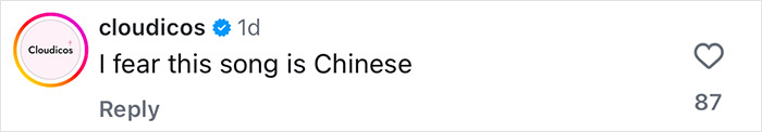 Screenshot of Instagram comment by user cloudicos expressing concern about a song being Chinese during an Australian influencer’s Japan trip controversy. - 12