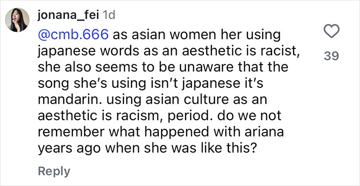 Comment criticizing Australian influencer for using Japanese culture in tone deaf posts during Japan trip, sparking racism debate. - 17