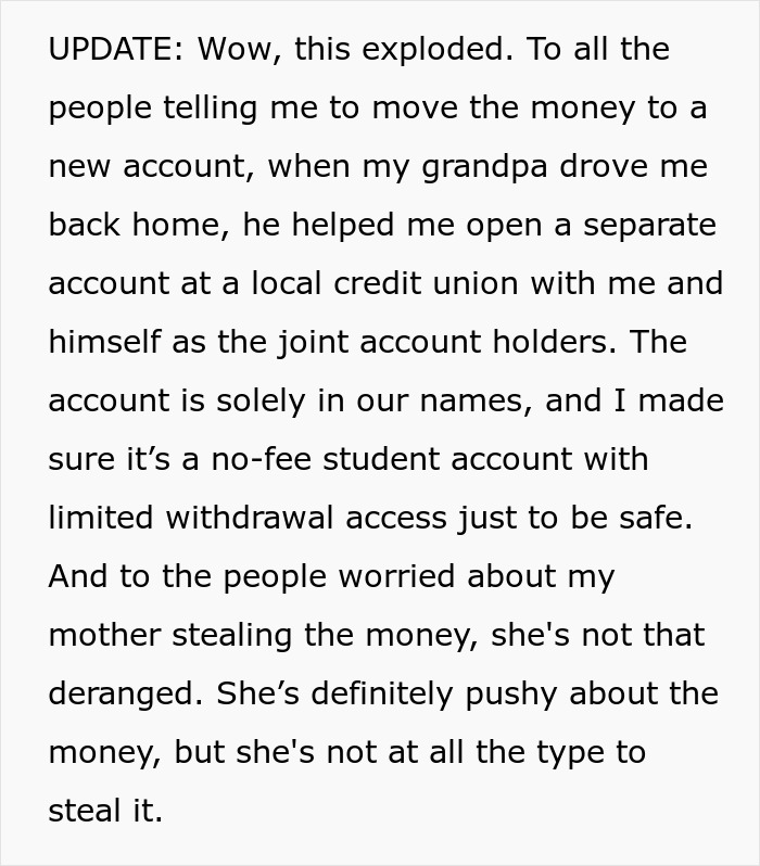 Text update about wealthy grandpa gifting grandson $10K for college, mom upset he won’t share with sister. Text update about wealthy grandpa gifting grandson $10K for college, mom upset he won’t share with sister.