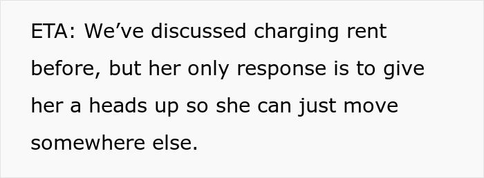 Text stating a discussion about charging rent, with one person responding by moving elsewhere instead of paying.
