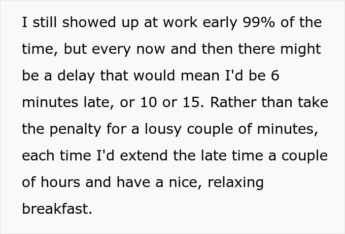 Text explaining a work penalty policy where being 6 minutes late results in the same penalty as being 3 hours late.