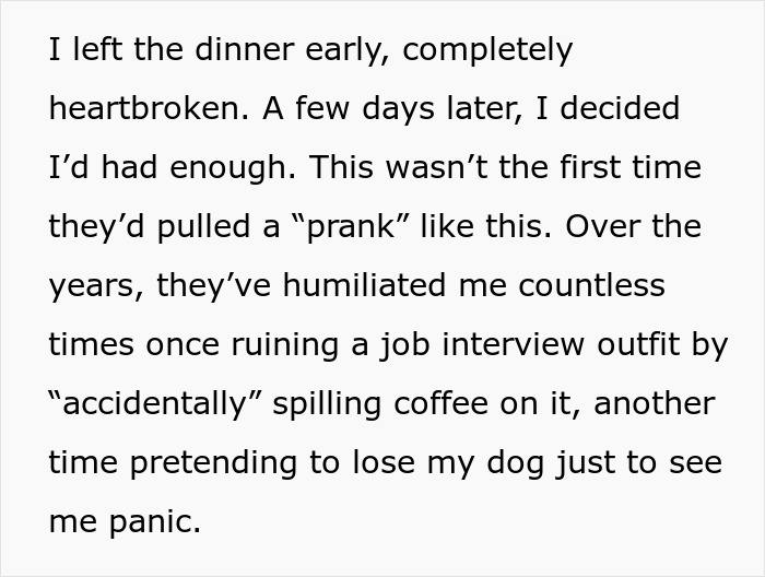 Text excerpt describing emotional distress caused by a family stages fake legal notice prank on a woman. Text excerpt describing emotional distress caused by a family stages fake legal notice prank on a woman.