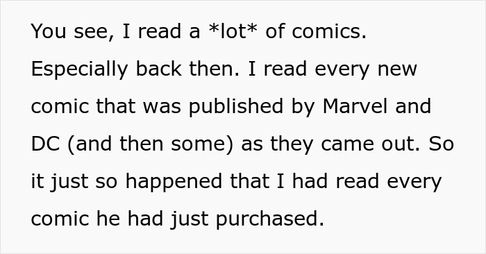 Text excerpt discussing reading a lot of Marvel and DC comics, relating to Stargate spoilers and shop interaction.