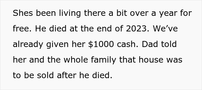 Text excerpt about family drama over house inheritance and aunt living rent-free after dad's death in 2023.