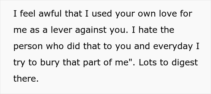 Text expressing regret and emotional struggle after using love as a lever in a red-flag relationship argument.