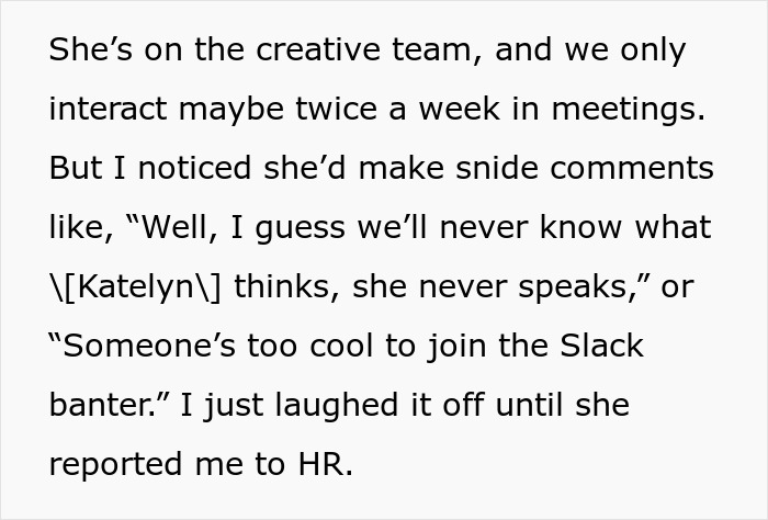 Text excerpt describing a woman not sending GIFs in Slack, coworker calls it harmful to morale, HR schedules a meeting. - 5