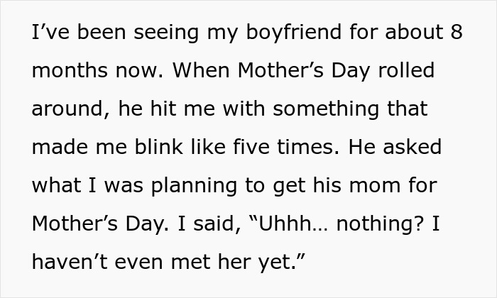 Woman shocked as man expects Mother's Day gift for his mom after 8 months of dating, revealing relationship gift expectations. - 4