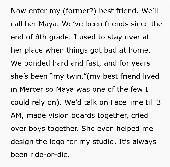 Text excerpt describing a friendship where a lady ditches her bestie for a wannabe influencer, causing conflict over studio use.