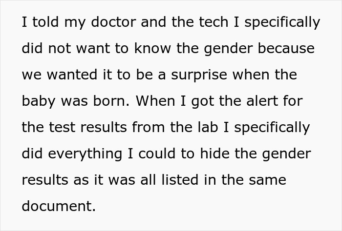 Text describing a wife explaining she hid baby gender results to keep the surprise, causing husband to throw a fit over spoiling gender.