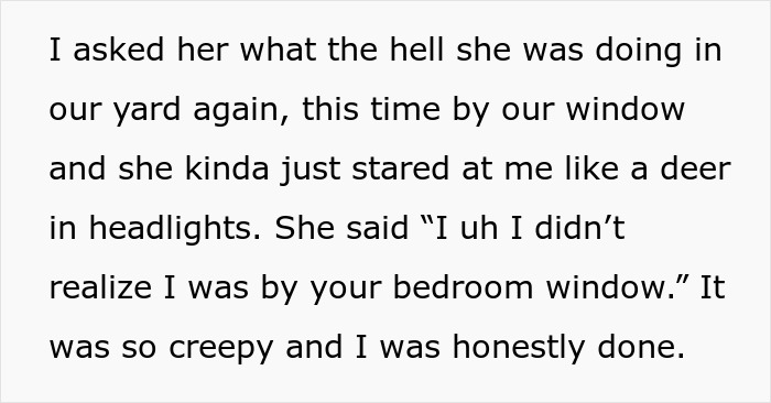 Text excerpt describing a pregnant lady catching a neighbor lurking near her house multiple times before calling cops. - 21