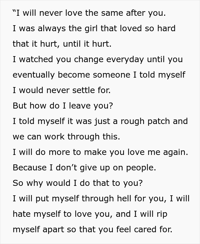 Alt text: Emotional letter revealing struggles in a marriage where husband demands a child and opens up the marriage, leading to divorce papers. - 74