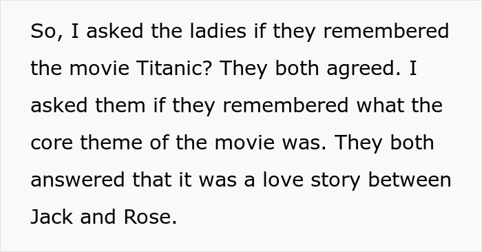 Text explaining Titanic movie theme as a man uses it to discuss how friend's tattoo is affecting her love life.