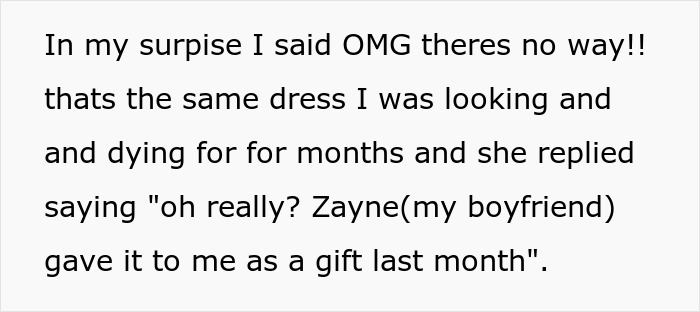 Text excerpt showing a conversation about a boyfriend giving a dream gift to someone else causing surprise and disbelief. - 7