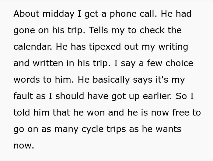 Man cancels girlfriend’s plans to go on a cycle trip, prioritizing cycling over watching his daughter. Man cancels girlfriend’s plans to go on a cycle trip, prioritizing cycling over watching his daughter.