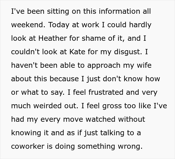 Text excerpt about feeling watched and frustrated at work, reflecting jealous wife spying husband work concerns.