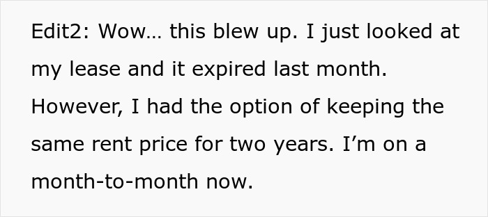 Text discussing surprise about lease expiration and option to keep rent price, related to not telling roommate bought house until closed.