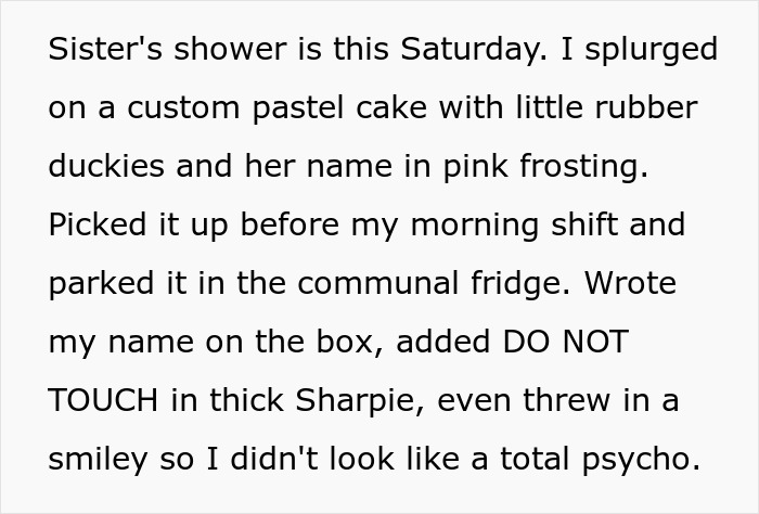 Woman&rsquo;s custom baby shower cake placed in shared fridge with a DO NOT TOUCH note, risking being ruined by coworkers.