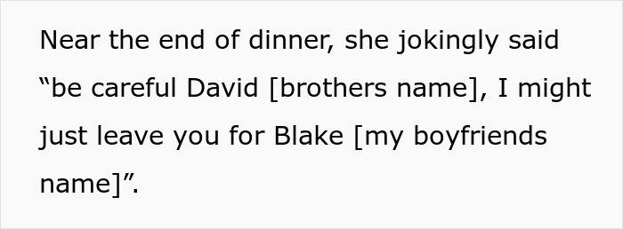 Text on a white background describing a brother demanding his sibling dump his longtime girlfriend due to new girlfriend insecurities.