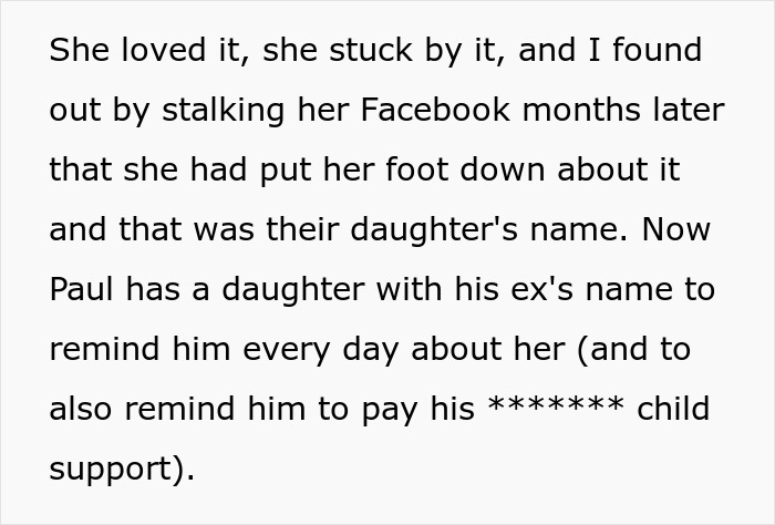 Text describing revenge on sister's bad ex by convincing his wife to unknowingly name their baby after her, revealing a clever payoff. - 32
