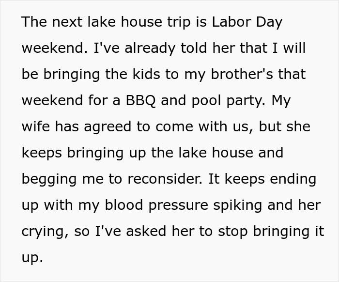 Text excerpt about a wife constantly bringing up a lake house trip causing tension and stress in a family discussion.
