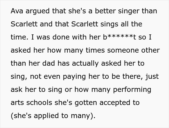 Text excerpt discussing a teen's singing abilities and family conflict involving a stepmom banning her from family dinners. Text excerpt discussing a teen's singing abilities and family conflict involving a stepmom banning her from family dinners.