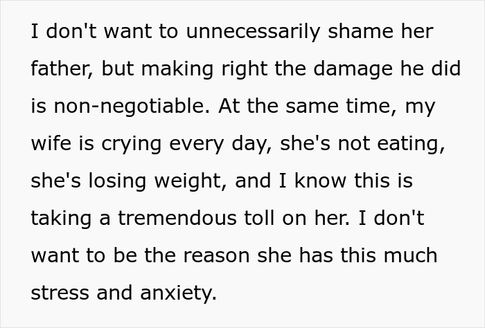 Text excerpt about a wife&rsquo;s emotional struggle caused by stress and anxiety related to her father&rsquo;s false accusation.