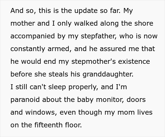 Text describing paranoid woman thinking stepdaughter’s baby is hers, highlighting disturbed mental health concerns. Text describing paranoid woman thinking stepdaughter’s baby is hers, highlighting disturbed mental health concerns.