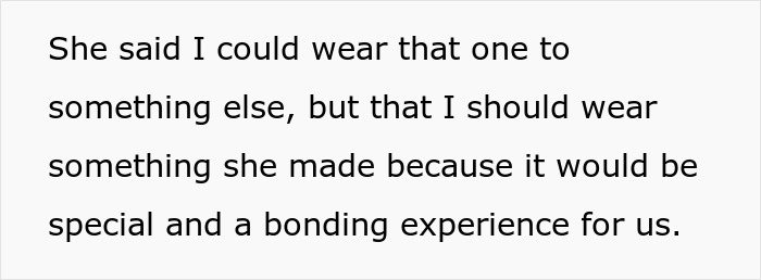 Text excerpt discussing a woman refusing to wear her niece&rsquo;s handmade dress for a career event citing quality concerns.