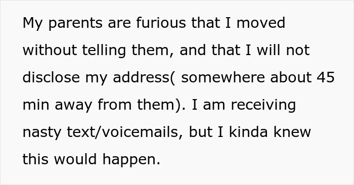 Text showing a 20-year-old explaining moving out after having enough of taking care of half-siblings and family conflict.