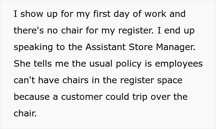 Text describing a disabled employee denied accommodation by an ableist manager refusing to provide a chair at work. Text describing a disabled employee denied accommodation by an ableist manager refusing to provide a chair at work.