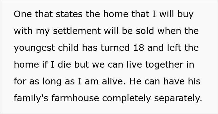 Text excerpt discussing a prenuptial agreement and settlement terms regarding property and family farmhouse.