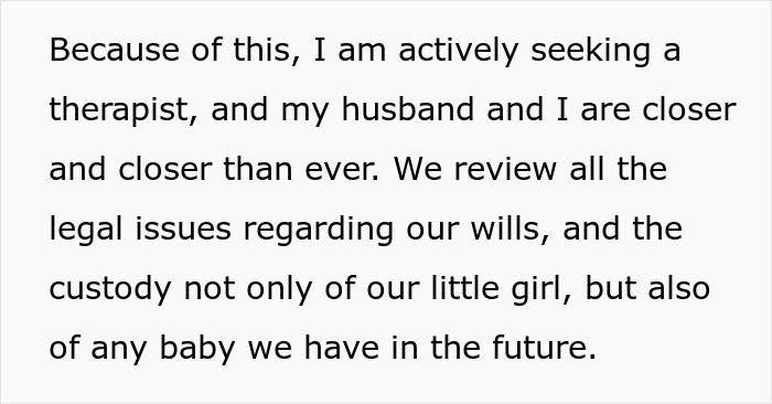 Text passage about seeking therapy and discussing legal custody issues between a woman and her husband. Text passage about seeking therapy and discussing legal custody issues between a woman and her husband.