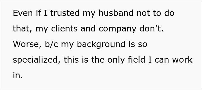 Text block displaying concern about trusting husband to turn down dream job due to specialized career field limitations. - 9