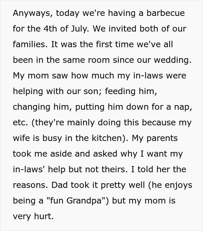 Text excerpt about a mom feeling hurt after son lets in-laws help with baby but not her due to overprotectiveness.