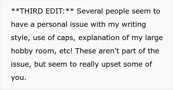 Text excerpt from a post where a woman explains her fabric ruined by guest’s kids and discusses her writing style. - 20