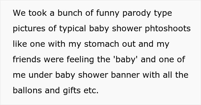 Man’s baby shower with friends parody photoshoot under banner with balloons and gifts, mocking pregnant ex experience. - 8